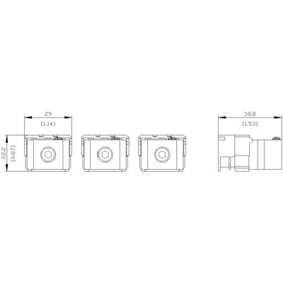 Drawing of a rectangular component with three views: Front, Side, Top. Dimensions: 29 mm width, 38.8 mm depth, 22.8 mm height.