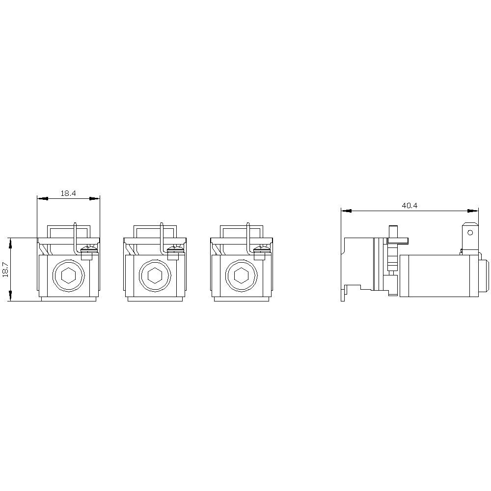 Technical drawing of a device with dimensions: width 18.4 mm, height 18.7 mm, depth 40.4 mm. Front and side view.