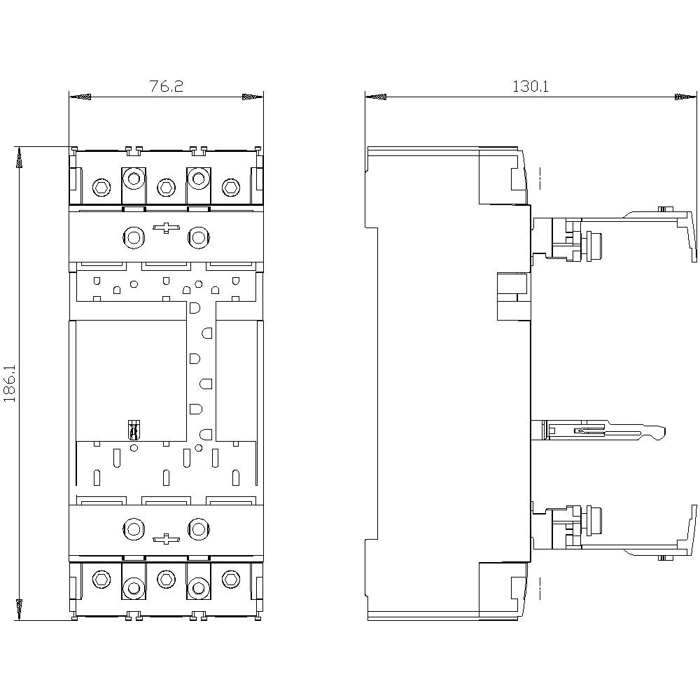 Technical drawing of an electrical component with dimensions: 76.2 mm width, 130.1 mm depth, 186.1 mm height. Side and front view.