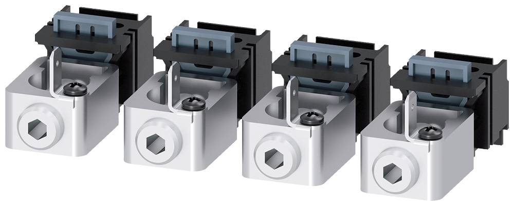 Four silver components in a row, each with a black and blue upper section, apparently plug or connection terminals.