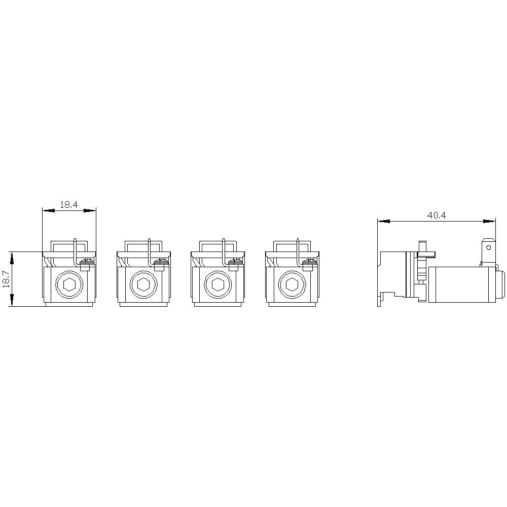 Technical drawing of a component series with five views and dimensioning. Shows side and top view with dimensions 18.7 and 40.4.