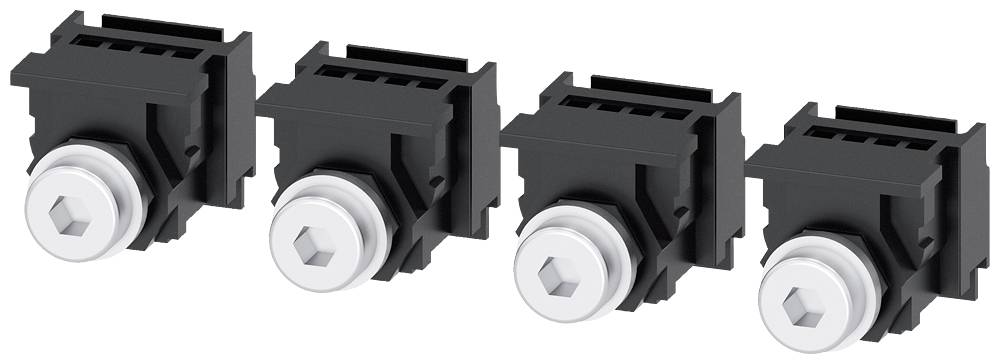 Four black, rectangular push-button modules with silver, hexagonal-shaped buttons, arranged in a row.