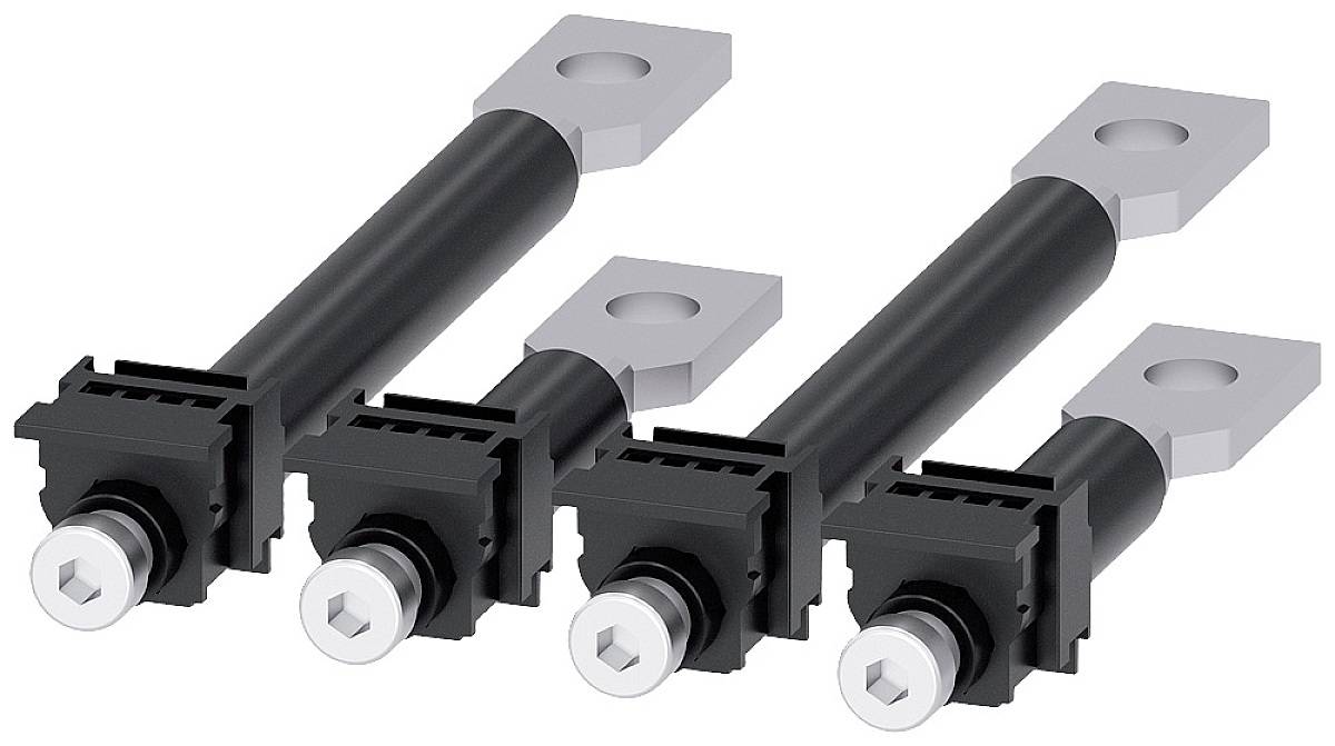 Four black electrical power connectors with rectangular bases and cylindrical tips, arranged side by side.
