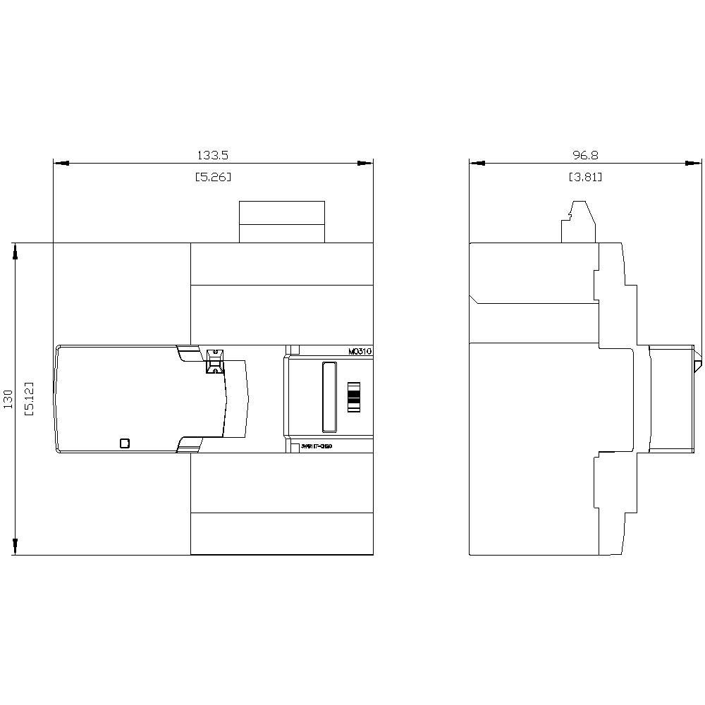 Technical drawing of an electrical device with dimensions: Width 133.5 mm, Length 152 mm, Depth 96.8 mm. Side and top view.