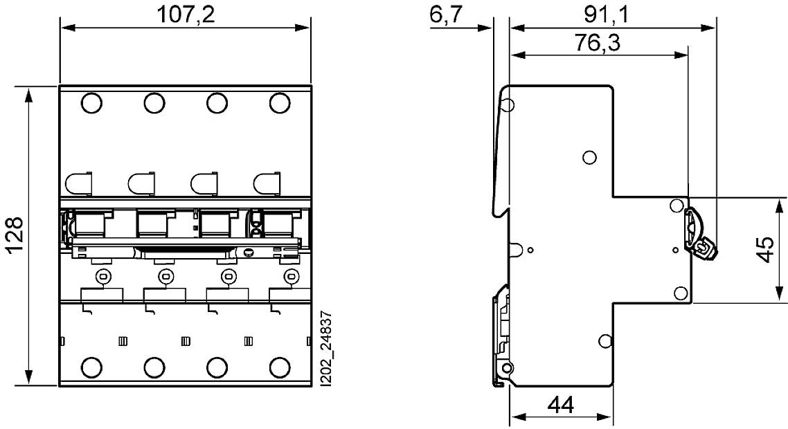 Technical drawing of an electrical switch with dimensions: width 107.2 mm, height 128 mm, depth 44 mm. Detailed top view and side view.