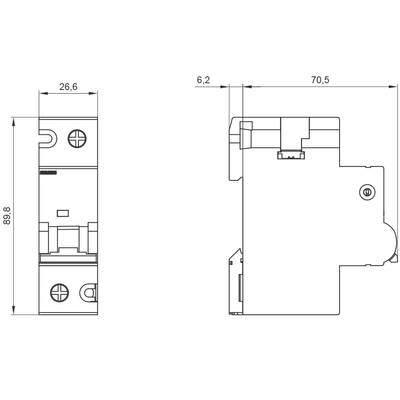 Technical drawing of a device with front and side view. Dimensions: 89.8 mm height, 26.6 mm width, 70.5 mm depth.