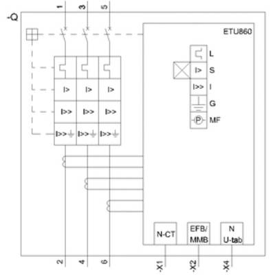 Circuit diagram of an electronic trip device ETU860 with operating modes: 'L', 'S', 'I', 'G', and 'MF'. Connections on the underside.