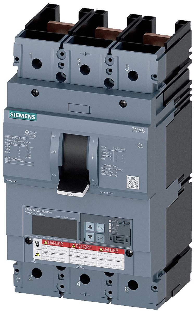 A Siemens electrical circuit breaker, model 3VA6, with multiple terminals and a lever for controlling electrical current flow.