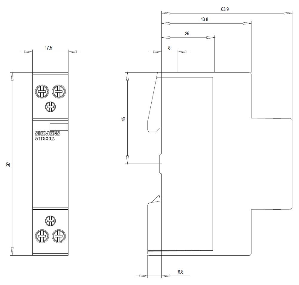 Technical drawing of a component with multiple views. Dimensions and markings are indicated. Main view on the left, side view on the right.