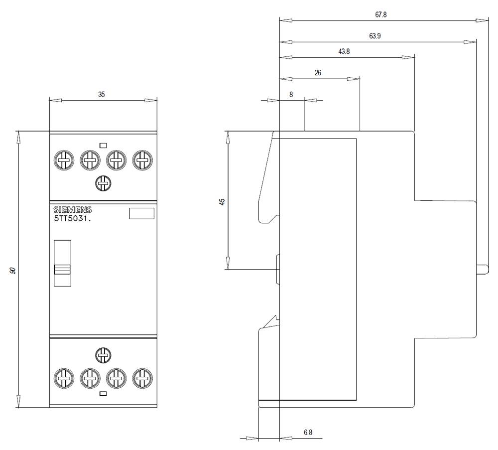 Technical drawing of an impulse switch with front and side view. Dimensions are indicated, main dimension 67.8 mm, width 35 mm.