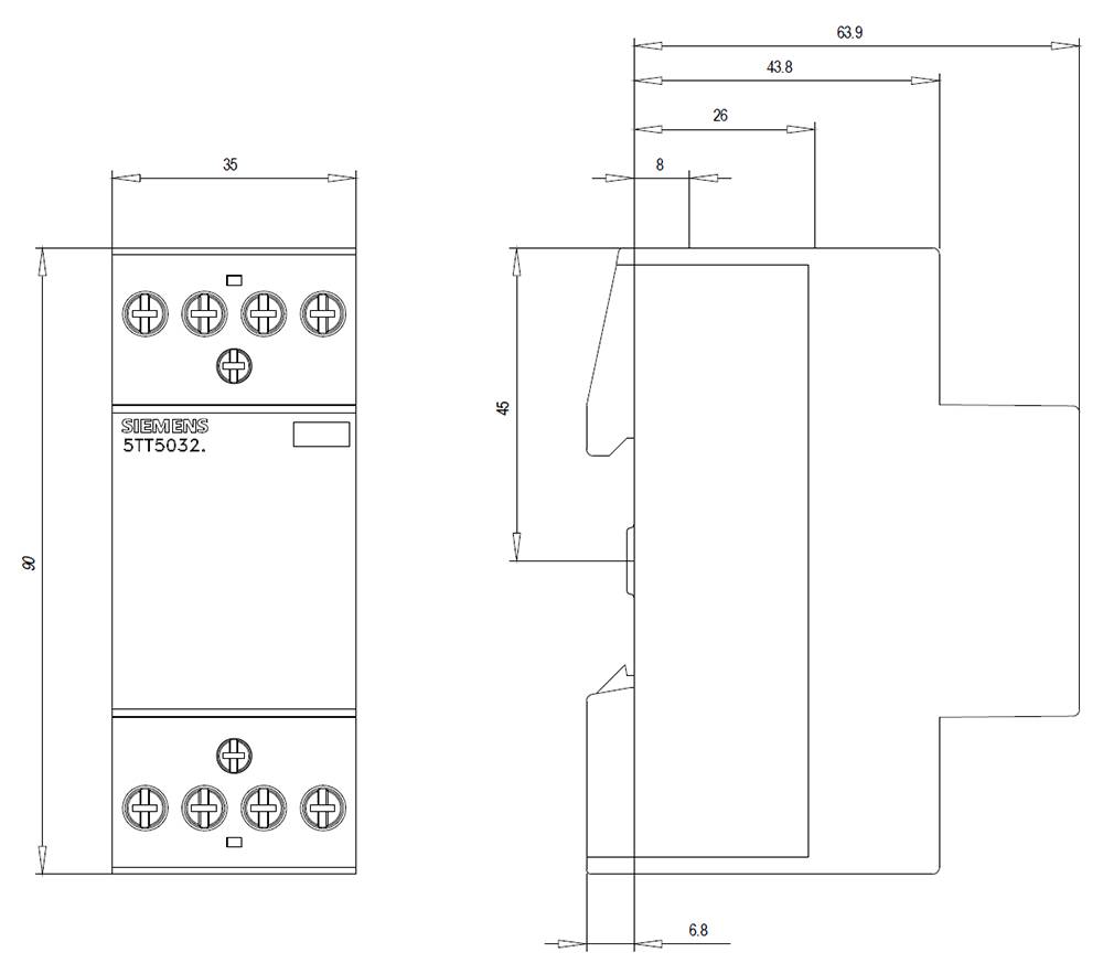 Diagram of an electrical device with dimensions: 36mm width, 63.9mm height. Side view shows 68mm length. Key feature: Connection terminals at the top.