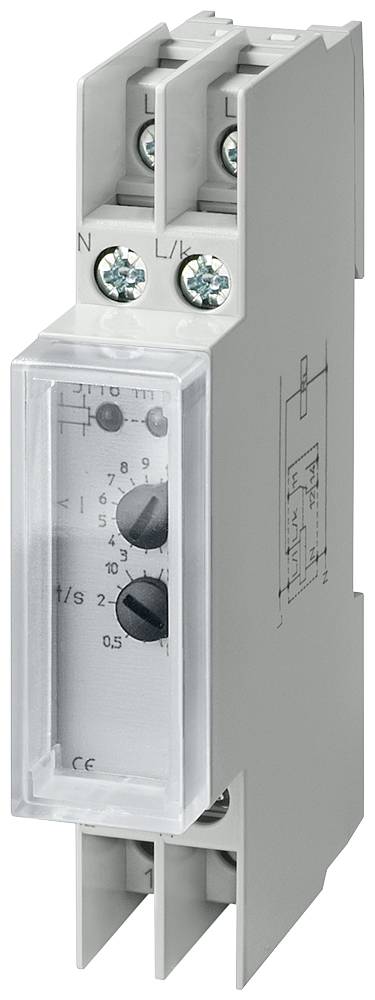 Grey time delay relay with rotary dial and screw terminals for panel mounting. Markings for connections and time settings visible.