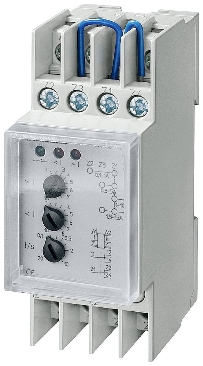 Electric time relay with multiple screw terminals and two adjustment knobs for controlling circuits.
