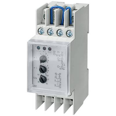 Electric time relay with multiple screw terminals and two adjustment knobs for controlling circuits.