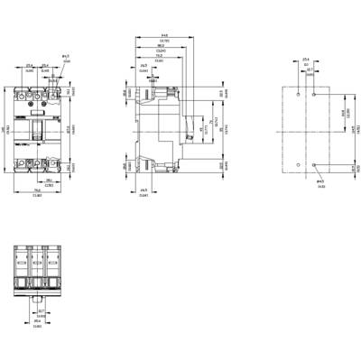 Technical drawing of several electrical components with dimensions and connections; shows front, side, and top views.