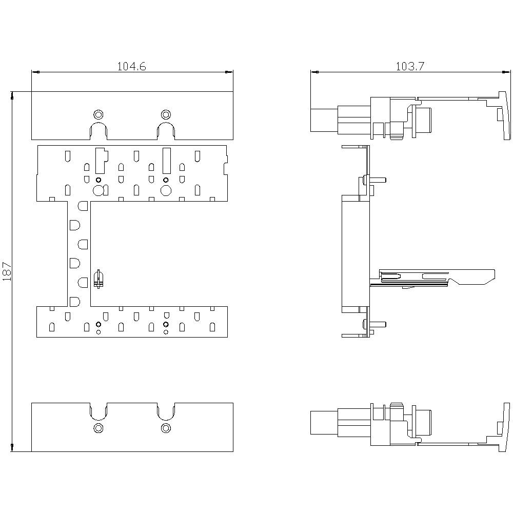 Technical drawing of a mechanical component with dimensions: Width 104.6 mm, Depth 103.7 mm, Height 187 mm. Shows cross-sectional views.