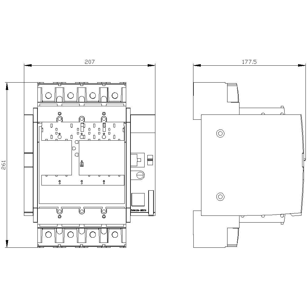Technical drawing of an electrical switch with dimensions: width 207 mm, height 193 mm; side view shows depth 177.5 mm.
