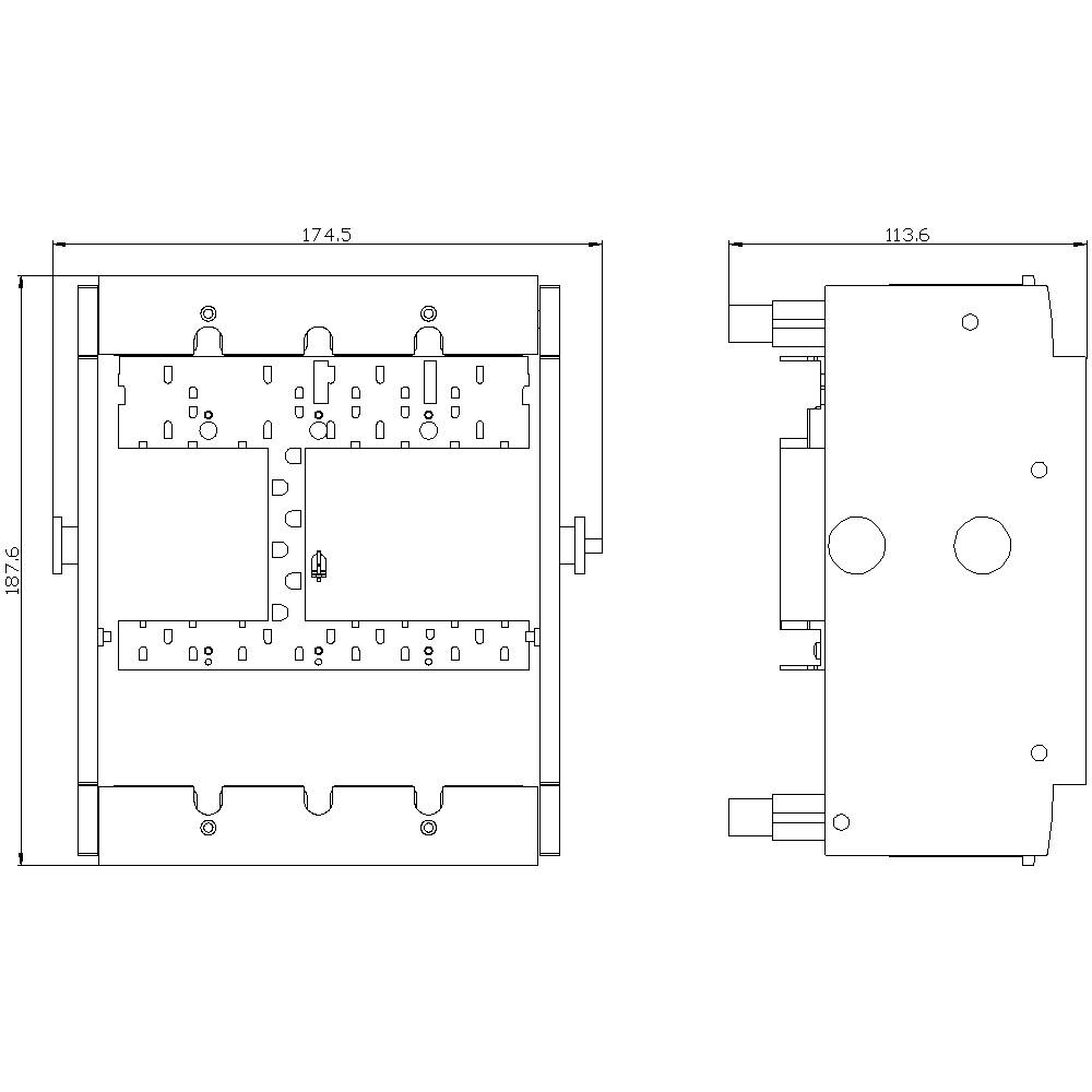 Technical drawing of a rectangular enclosure with dimensions: width 174.5 mm, height 192.6 mm, depth 113.6 mm. Side view and front view depicted.