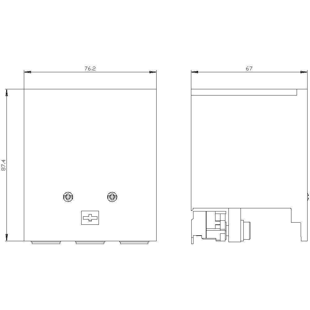 Technical drawing of an object with side views and dimensional specifications: Height 87.4 mm, Width 76.2 mm, Depth 67 mm.