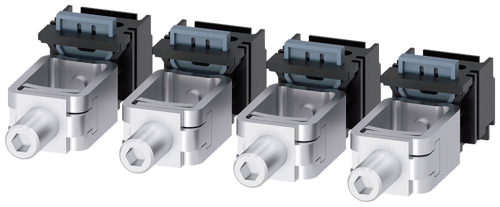 Four silver metallic connectors with blue and black plastic covers arranged in a row. They have square shapes and front sockets.