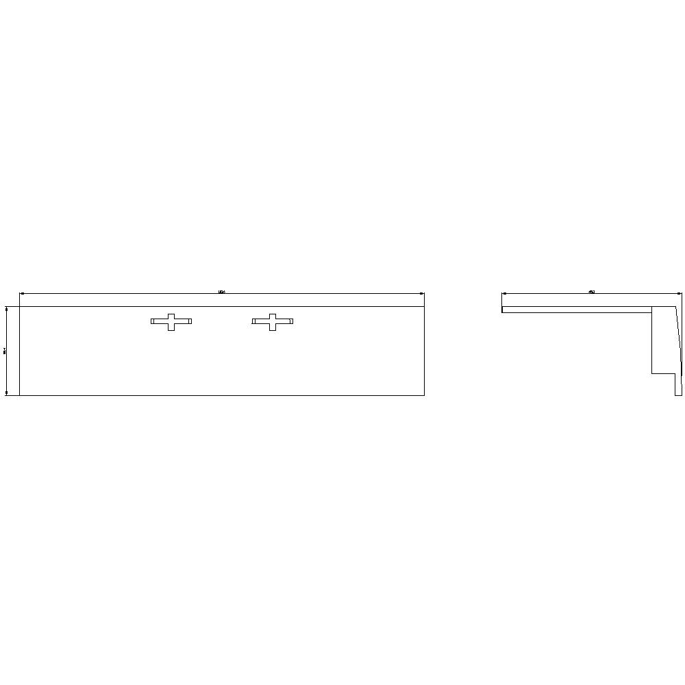 Technical drawing of a rectangular component with two recesses and a side view.
