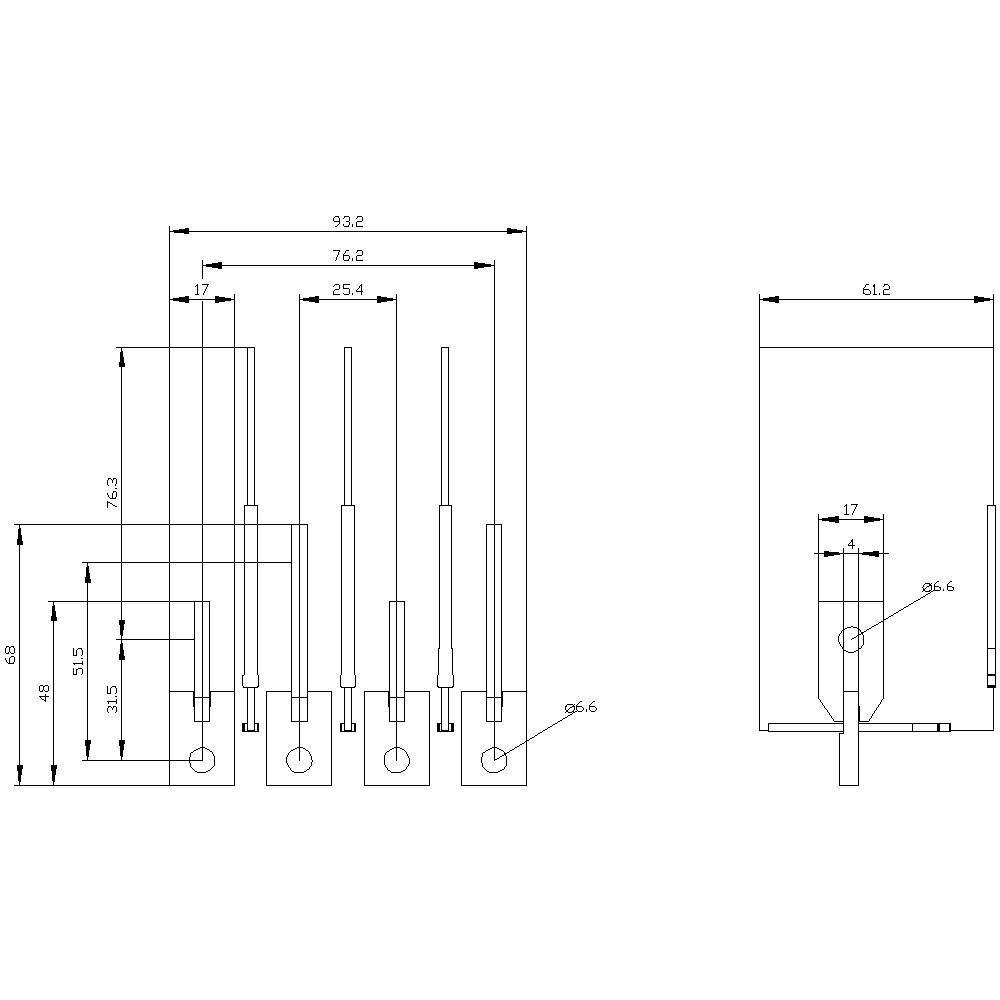 Technical drawing of plug pins with measurement indications in millimetres. Shows lengths, widths, and distances of pins with cross-section view.