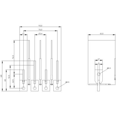 Technical drawing of plug pins with measurement indications in millimetres. Shows lengths, widths, and distances of pins with cross-section view.