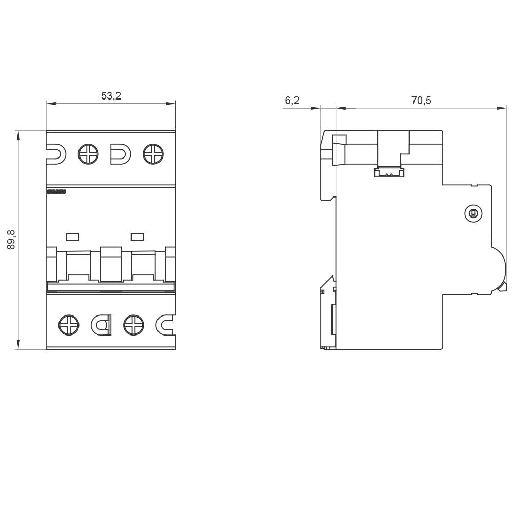 Technical drawing of an electrical component with dimensions: Height 89.8 mm, Width 53.2 mm, Depth 70.5 mm. Top view and side view.