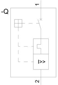 Circuit diagram of an electrical circuit with symbols for transformer and switch. Connections between the components are shown.