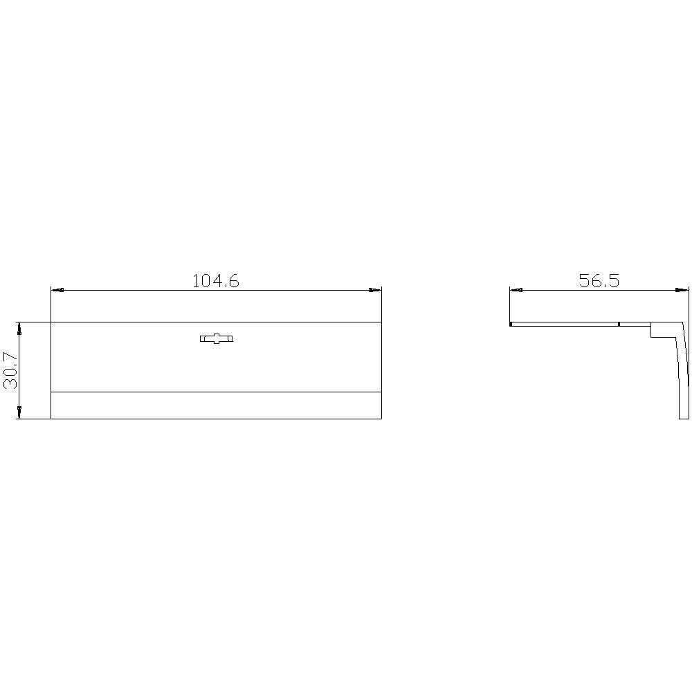 Technical drawing of a rectangular object with dimensions: 104.6 width and 30.7 height. Side depth is 56.5.