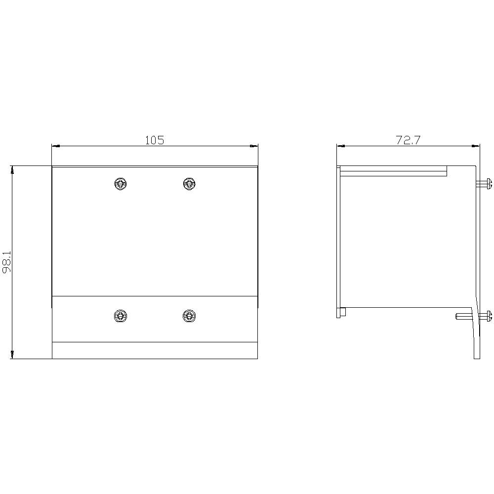 Technical drawing of a rectangular object with dimensions of 105 mm width, 72.7 mm depth, and 98.1 mm height. Front and side view.