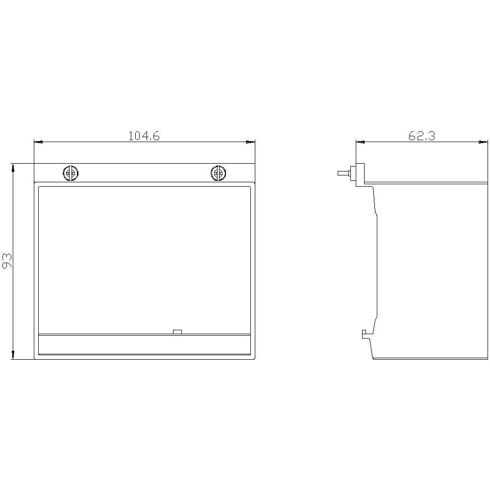 Technical drawing of a rectangular object with dimensions: width 104.6 mm, height 93 mm, depth 62.3 mm. Side and front view.