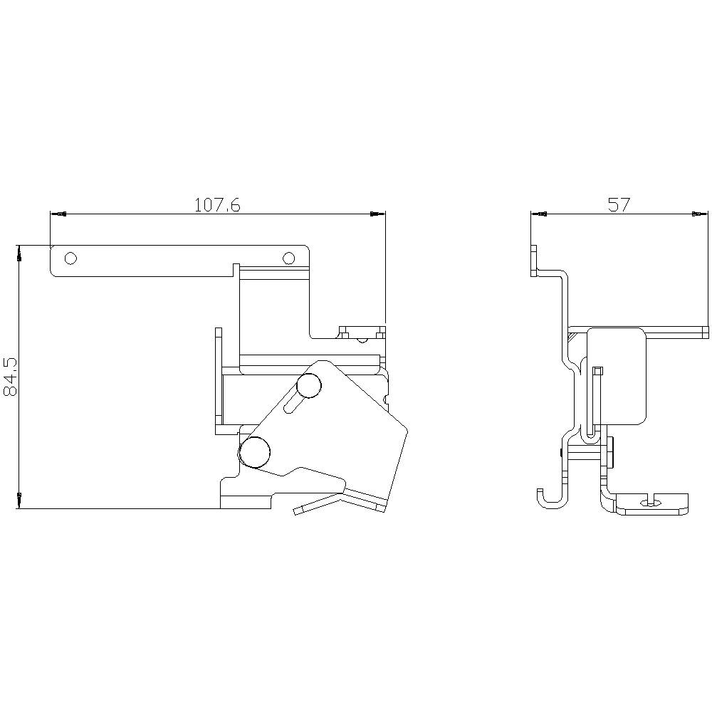 Technical drawing of a hinge with dimensions: 107.6 mm wide and 84.5 mm high. Side view shows details at 57 mm depth.