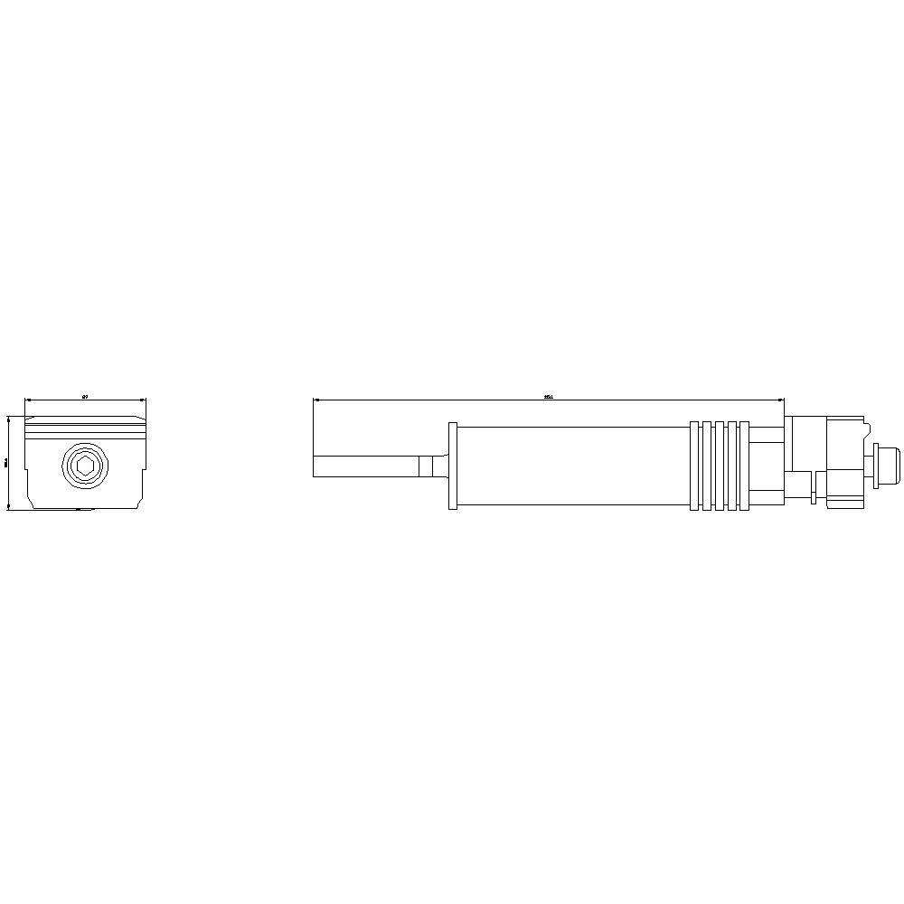 Technical drawing of a hydraulic cylinder in side and front view. Shows details such as piston, cylinder bore, and connections.