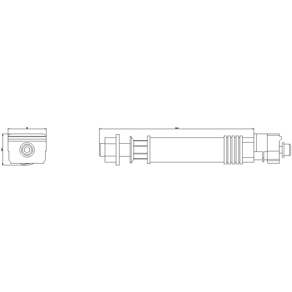 'Technical drawing of a hydraulic cylinder, side and front view with detailed dimensions and component labels.'