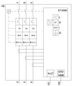 Circuit diagram of an ETU560 with phase connections 1 to 3, protective elements L, S, I, G, and terminals N-CT, EFB/MMB. Cable connections shown.