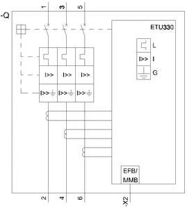 Circuit diagram of a protective device with labels: ETU330, terminal strips numbered from 1 to 6, connections L, I, G, and a box with EFB/MMB.