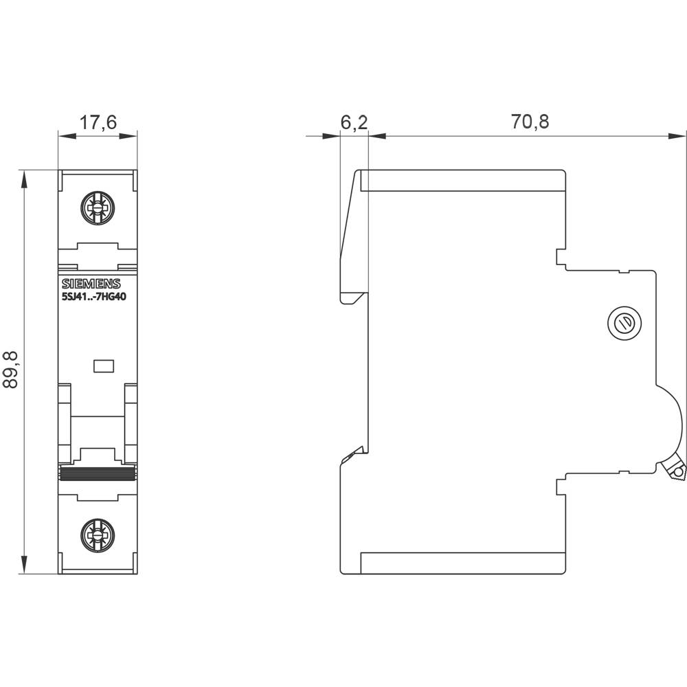 'Technical drawing of an electrical component with precise dimensions: 17.6 mm width, 89.8 mm height, 70.8 mm depth.'