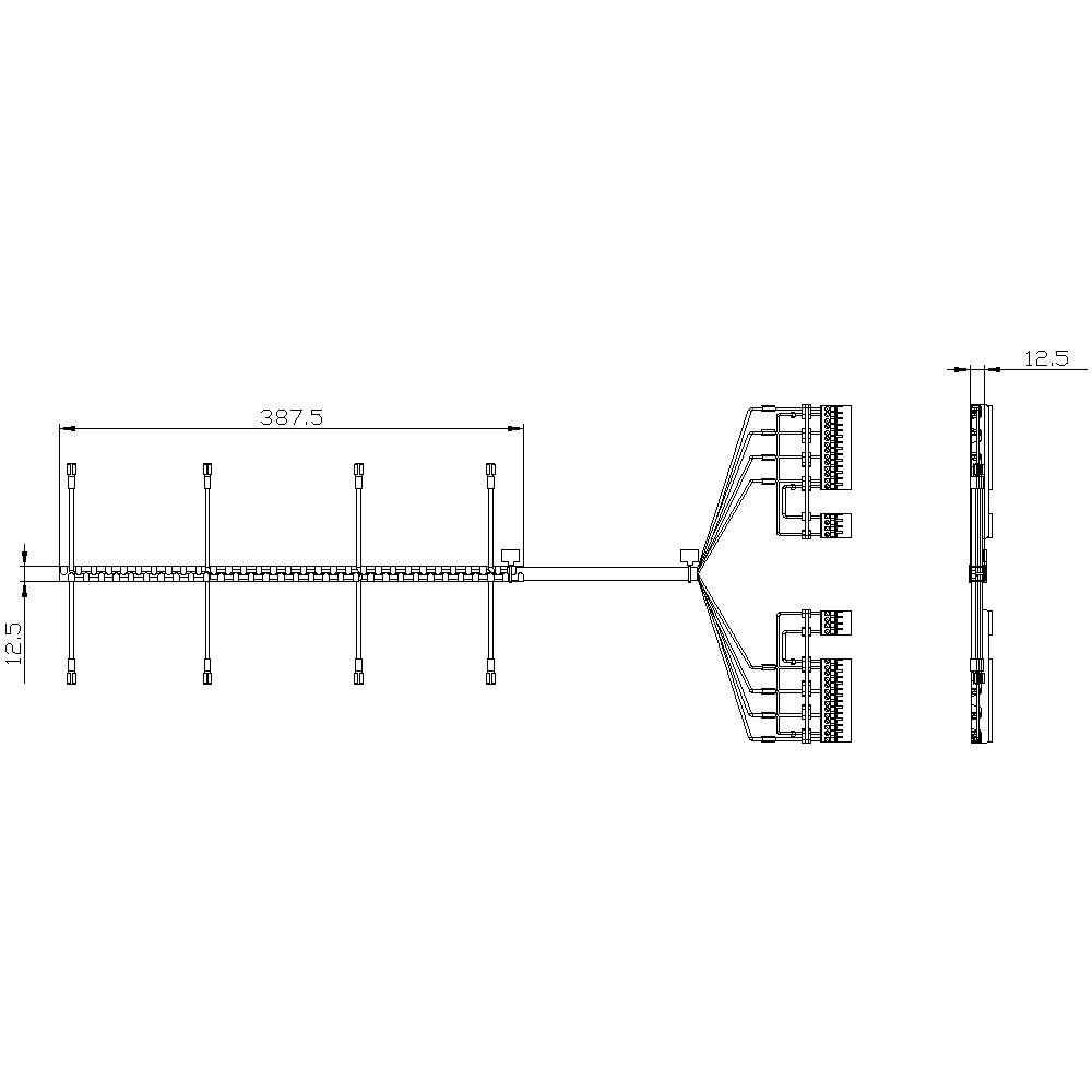 Technical drawing of an electronic component with dimensions: 387.5 and 12.5. Shows connecting cables and connections at the ends.
