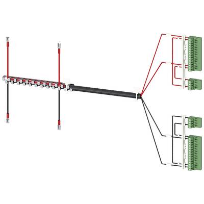 Diagram shows cable connections between a distribution box and two green connection modules. Red and black cables are visible.