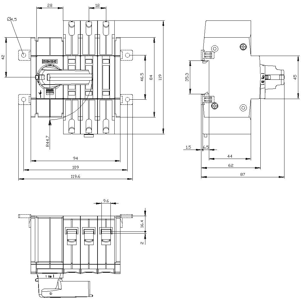 Technical drawing of an electrical switch with dimensions. Three views: front, side, and top view. Detailed dimensioning.