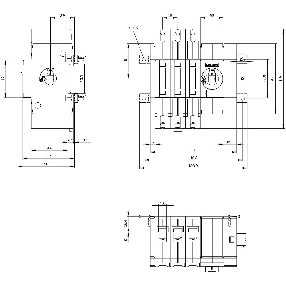 Technical drawing of an electrical switch with dimensions and a three-sided view. Shows detailed measurements and connection details.