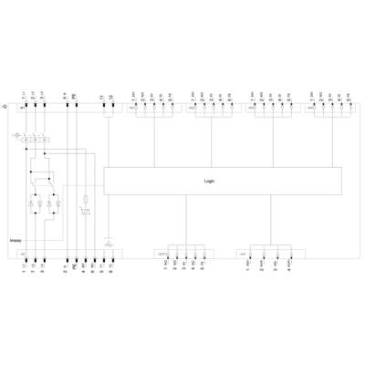 'Block diagram of a digital logic circuit with inputs, outputs, and a central logic unit that processes the signals.'