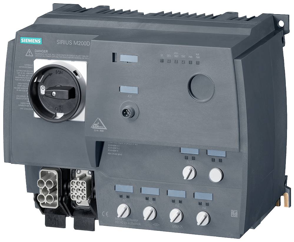 A grey electrical control unit with multiple rotary controls, toggle switches, and connectors, labelled as 'SIRIUS M200D'.