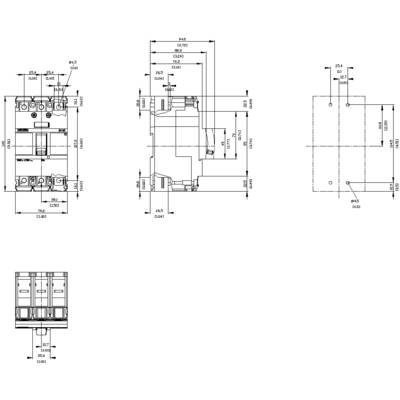 Technical drawing of an electrical switch with front, side, and top views. Dimensions and drill holes specified.
