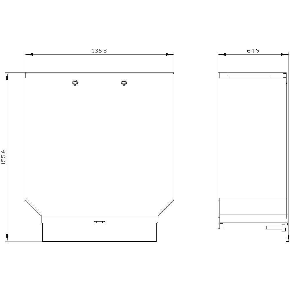 Drawing of a rectangular construction with dimensions 136.8 cm width, 64.9 cm depth, and 115.6 cm height. Shows front and side views.