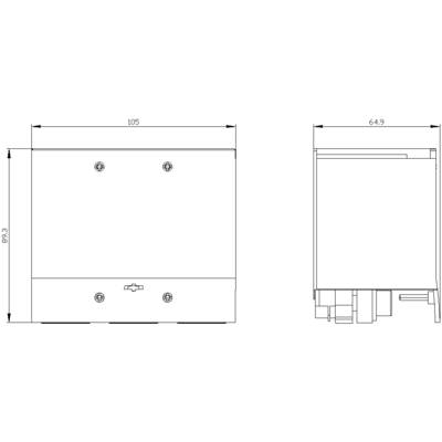 The image shows technical drawings of a rectangular device with dimensions 105 mm x 63 mm x 64.9 mm.