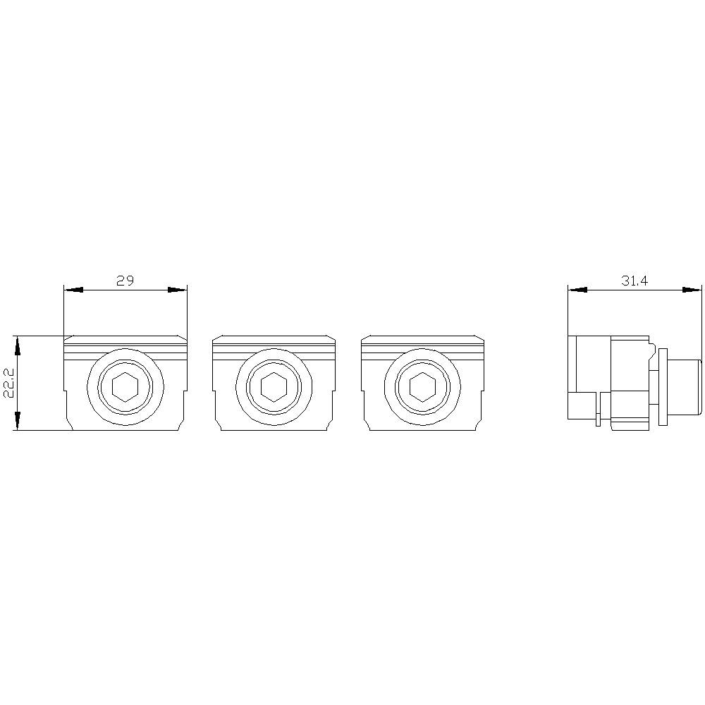 Technical drawing of a cylindrical part with dimensions: height 22, width 29, length 31.4 millimetres. Details and proportions shown.
