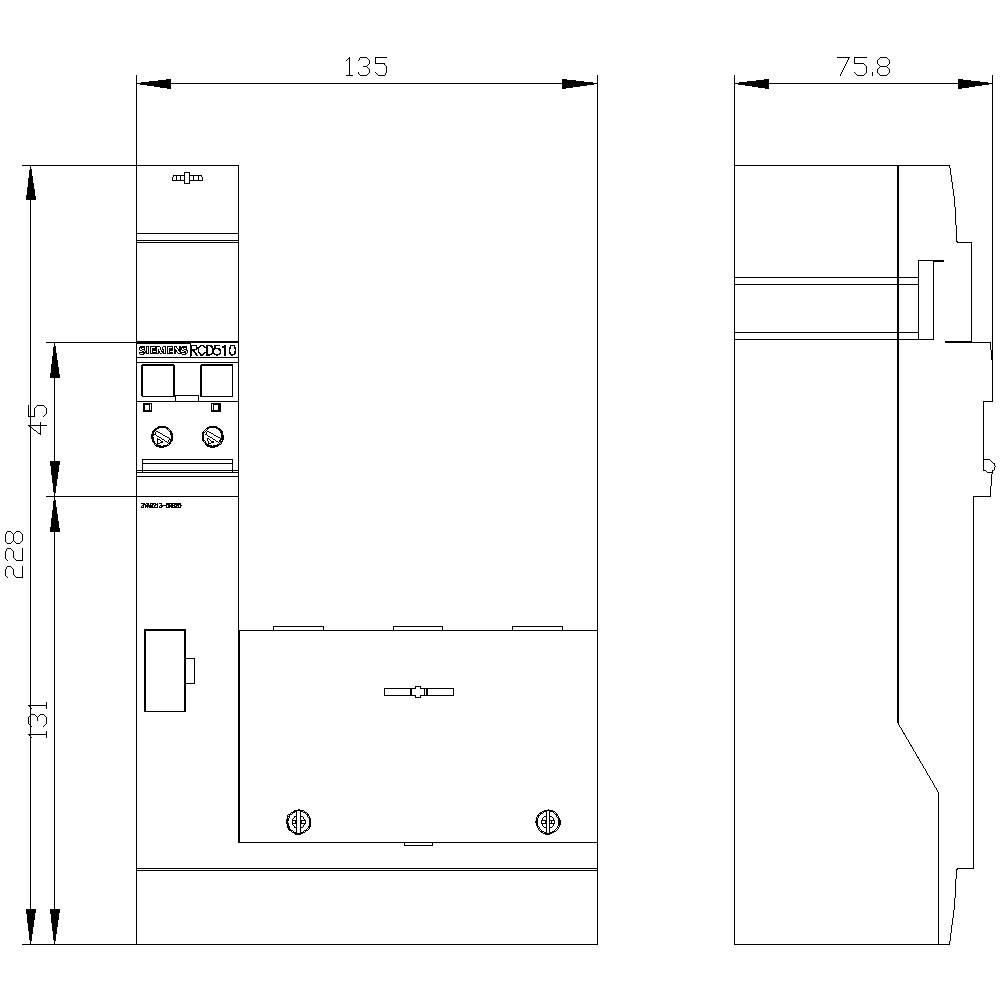 Technical drawing of an electronic device with dimensions: 135 mm width, 228 mm height, 75.8 mm depth. Front and side view.