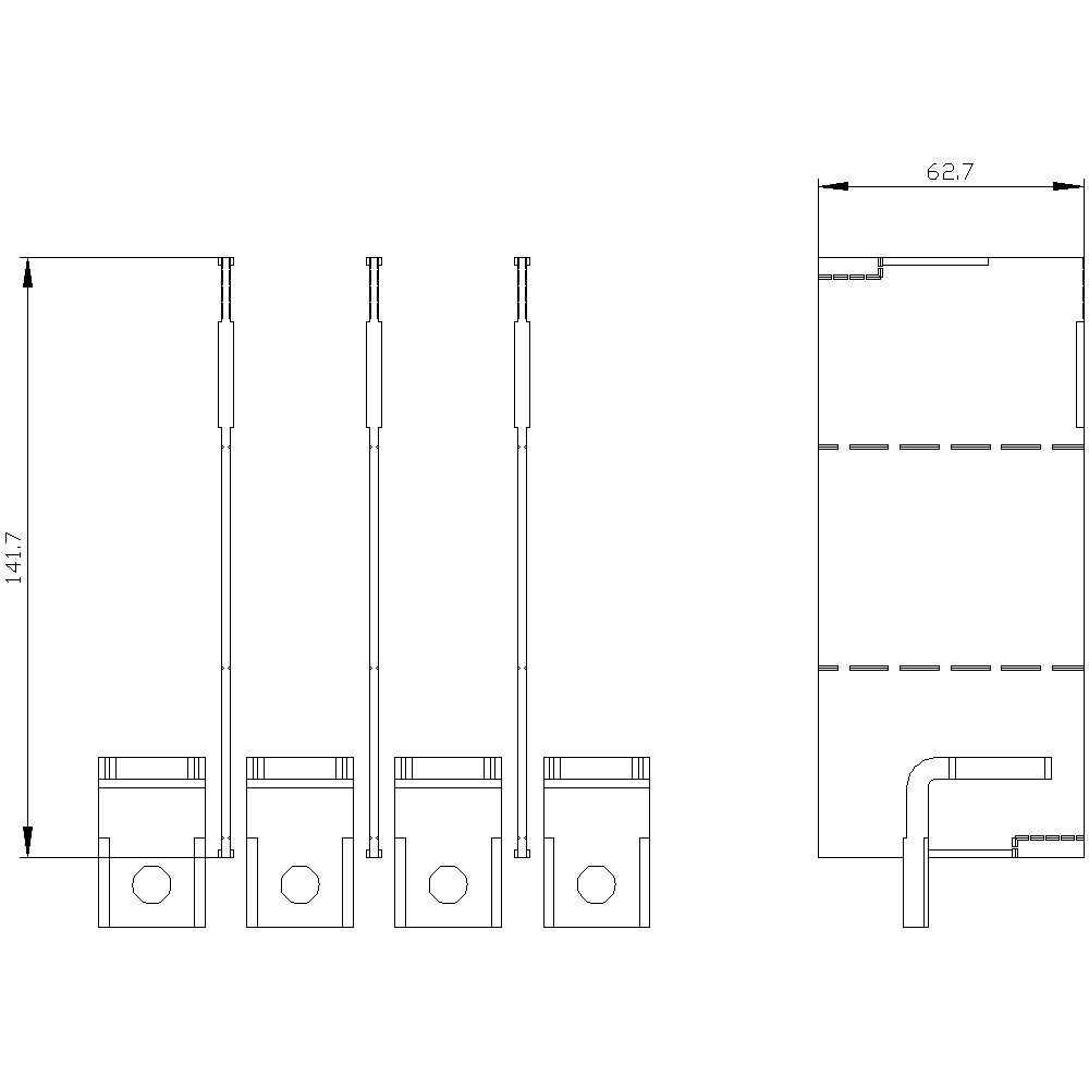 Technical drawing of four pistons with dimensions; height 141.7 mm, width 62.7 mm. Side view and front view illustrated.